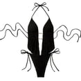 thumbnail image 1 of Sevevn Women's Halter Cutout One Piece Swimsuit Textured Stripe Bead Decor Side Tie Bathing Suit Black L, 1 of 7