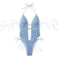 thumbnail image 1 of Sevevn Women's Halter Cutout One Piece Swimsuit Textured Stripe Bead Decor Side Tie Bathing Suit Light Blue L, 1 of 7