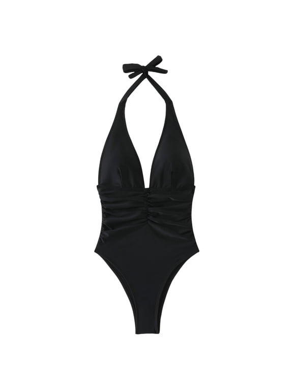 Women's Halter Deep V Ruched One Piece Swimsuit Tummy Control Bathing Suit Black L