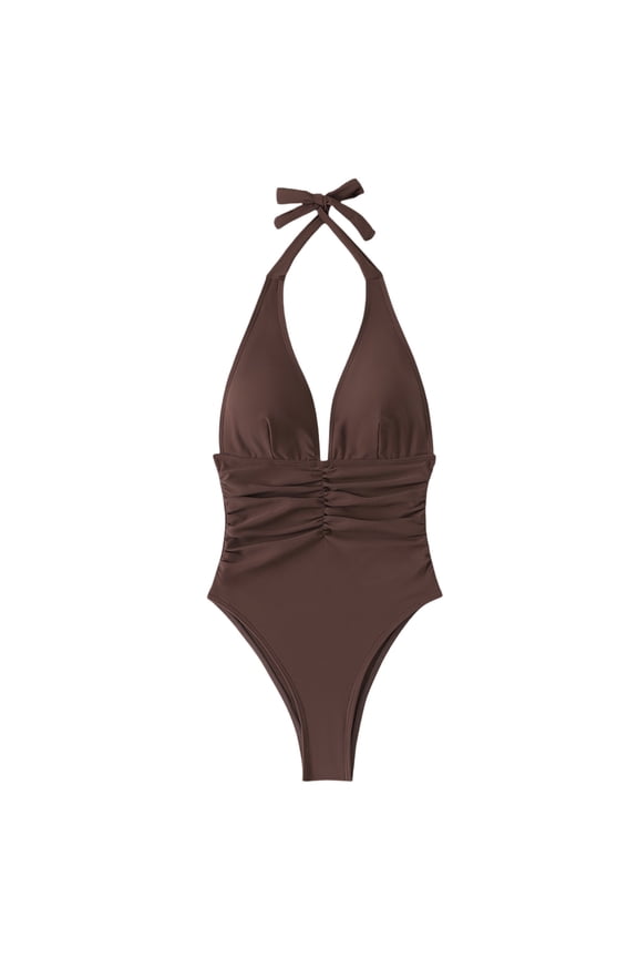Women's Halter Deep V Ruched One Piece Swimsuit Tummy Control Bathing Suit Coffee M