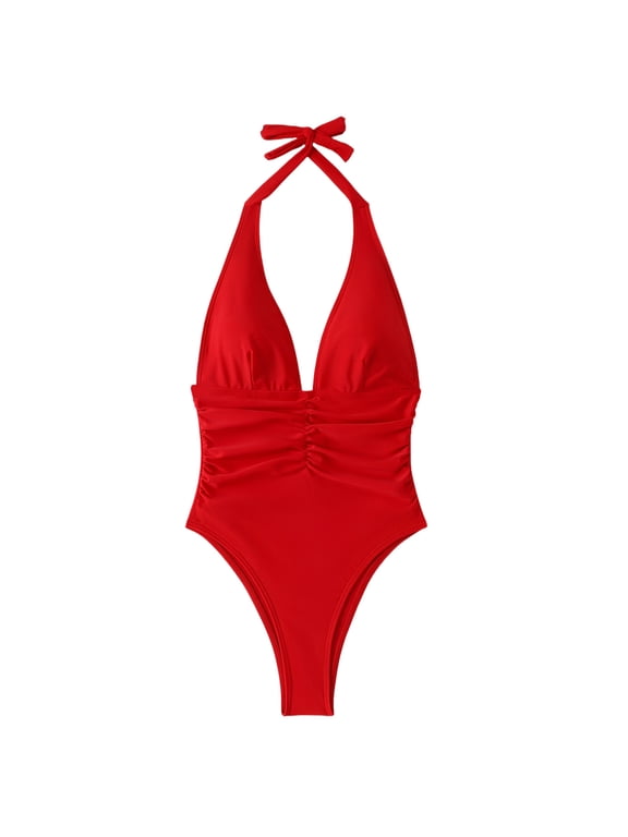 Women's Halter Deep V Ruched One Piece Swimsuit Tummy Control Bathing Suit Red XL