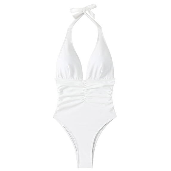 Sevevn Women's Halter Deep V Ruched One Piece Swimsuit Tummy Control Bathing Suit White M