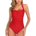 thumbnail image 1 of Sevevn Women's Halter Neck Ruched One Piece Swimsuit Tummy Control Bathing Suit Red M, 1 of 6