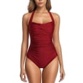 thumbnail image 1 of Sevevn Women's Halter Neck Ruched One Piece Swimsuit Tummy Control Bathing Suit Wine XL, 1 of 5
