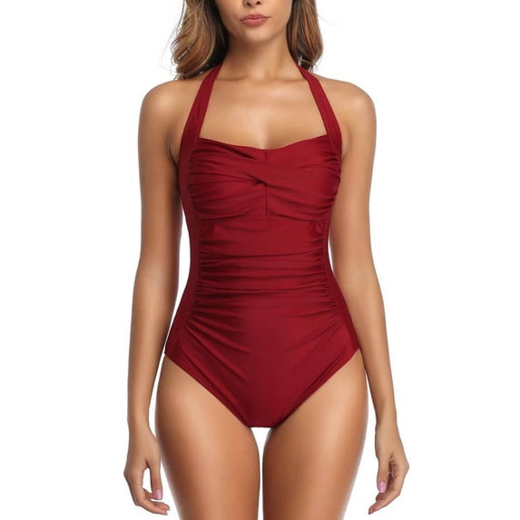 Sevevn Women's Halter Neck Ruched One Piece Swimsuit Tummy Control Bathing Suit Wine XL
