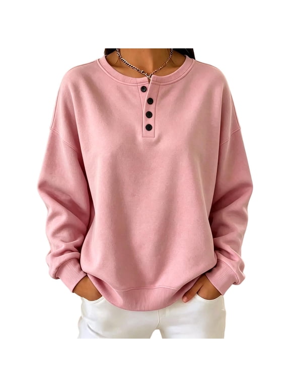 Women's Henley Half Button Fleece Loose Long Sleeve Pullover Sweatshirt Fall Winter