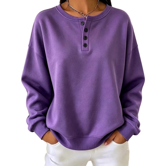 Sevevn Women's Henley Half Button Fleece Loose Long Sleeve Pullover Sweatshirt Fall Winter