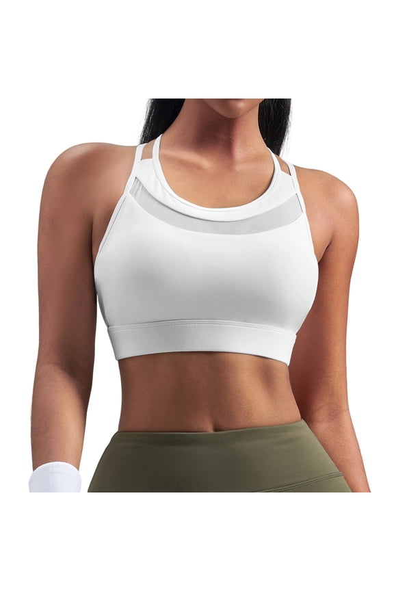 Women's High Neck Racerback Sports Bra Mesh Panel High Support Workout Bra Padded Wireless Yoga Bra