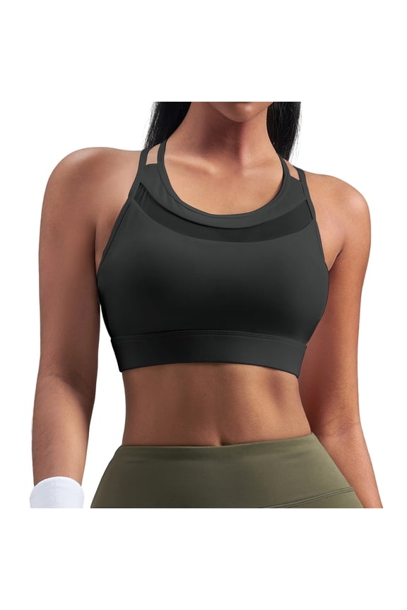 Women's High Neck Racerback Sports Bra Mesh Panel High Support Workout Bra Padded Wireless Yoga Bra
