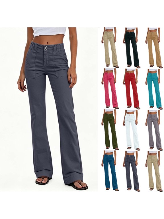 Women's High Waist Bootcut Flare Pants Double Button Front Patch Pocket Vintage Casual Cargo Trousers Dark Gray XL