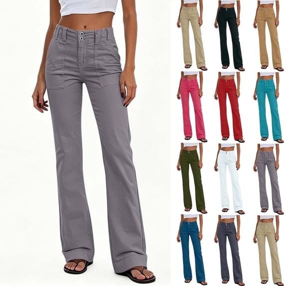 Sevevn Women's High Waist Bootcut Flare Pants Double Button Front Patch Pocket Vintage Casual Cargo Trousers Gray XXL