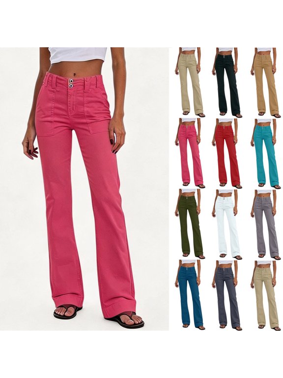 Women's High Waist Bootcut Flare Pants Double Button Front Patch Pocket Vintage Casual Cargo Trousers Hot Pink S