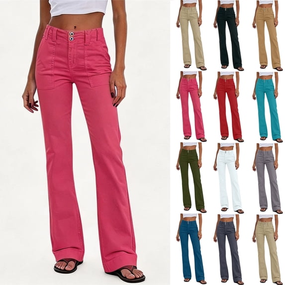 Sevevn Women's High Waist Bootcut Flare Pants Double Button Front Patch Pocket Vintage Casual Cargo Trousers Hot Pink XL