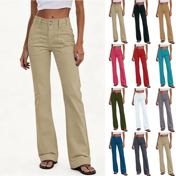 Sevevn Women's High Waist Bootcut Flare Pants Double Button Front Patch Pocket Vintage Casual Cargo Trousers Khaki S