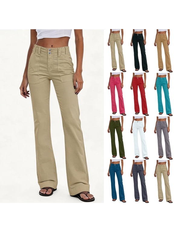 Women's High Waist Bootcut Flare Pants Double Button Front Patch Pocket Vintage Casual Cargo Trousers Khaki XXL