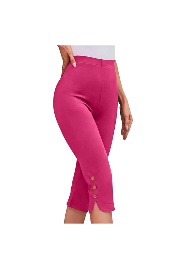 Women's High Waist Capri Leggings Stretchy Cropped Pants with Button Split Hem Detail Hot Pink S
