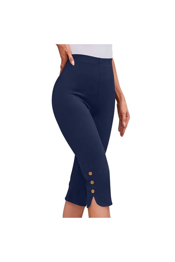 Women's High Waist Capri Leggings Stretchy Cropped Pants with Button Split Hem Detail Navy XL