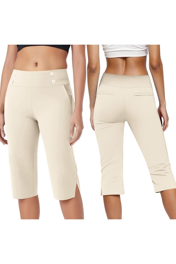 Women's High Waist Capri Pants Button Detail Cropped Pants with Side Slit Hem Beige M