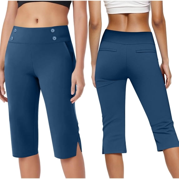 Sevevn Women's High Waist Capri Pants Button Detail Cropped Pants with Side Slit Hem Blue L
