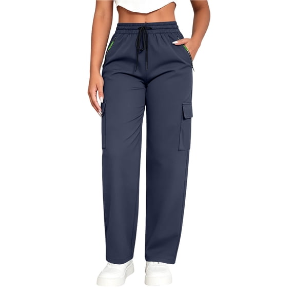Sevevn Women's High Waist Cargo Work Pants Elastic Waist Drawstring Multi Side Pocket Loose Straight Leg Streetwear Trousers Navy L