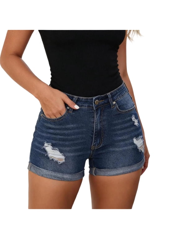 Women's High Waist Distressed Denim Shorts Casual Ripped Folded Hem Jean Shorts Dark Blue M