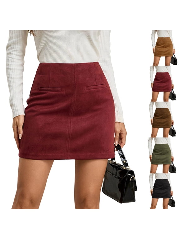 Women's High Waist Faux Suede Bodycon A-Line Short Mini Skirt Wine S