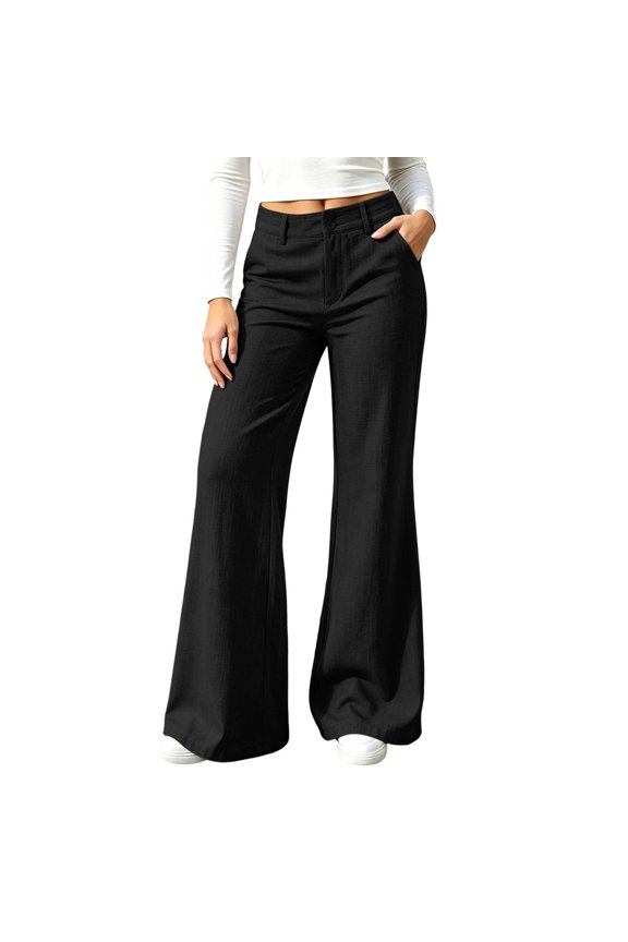 Women's High Waist Flared Wide Leg Pants Double Button Closure Casual Trousers with Side Pockets Soft Washed Texture Versatile Daily Vacation Wear