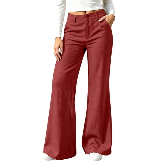 Sevevn Women's High Waist Flared Wide Leg Pants Double Button Closure Casual Trousers with Side Pockets Soft Washed Texture Versatile Daily Vacation Wear