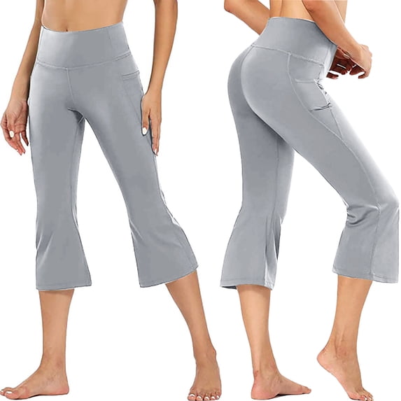 Sevevn Women's High Waist Flared Yoga Capri Leggings Workout Cropped Pants with Side Pockets Gray 3XL