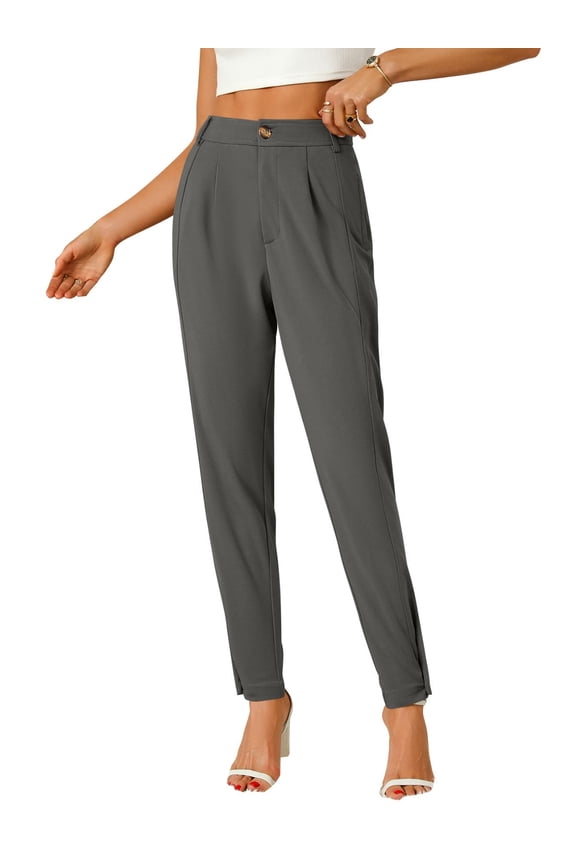 Women's High Waist Front Pleated Tapered Dress Pants Ankle Length Work Suit Trousers with Button Cuff Hem