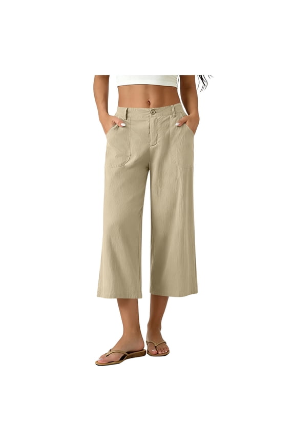 Women's High Waist Linen-Look Wide Leg Cropped Pants Button & Zip Fly Casual Capri Trousers with Pockets Beige 2XL