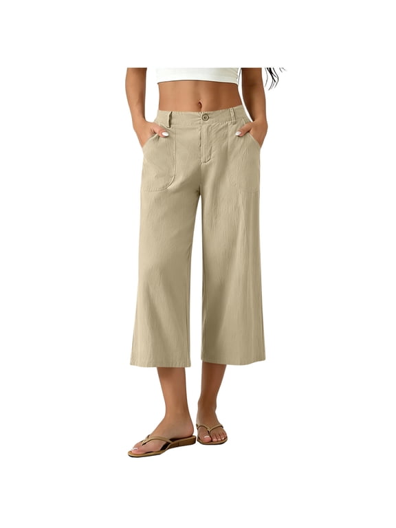 Women's High Waist Linen-Look Wide Leg Cropped Pants Button & Zip Fly Casual Capri Trousers with Pockets Beige L