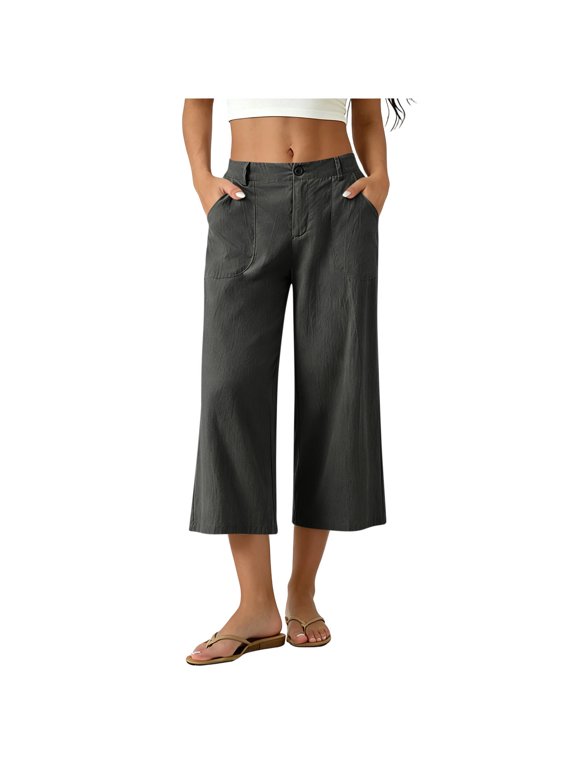Women's High Waist Linen-Look Wide Leg Cropped Pants Button & Zip Fly Casual Capri Trousers with Pockets Dark Gray M