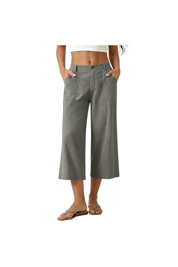 Women's High Waist Linen-Look Wide Leg Cropped Pants Button & Zip Fly Casual Capri Trousers with Pockets Gray M