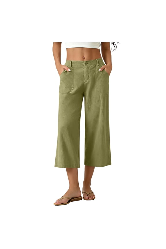 Women's High Waist Linen-Look Wide Leg Cropped Pants Button & Zip Fly Casual Capri Trousers with Pockets Green XL