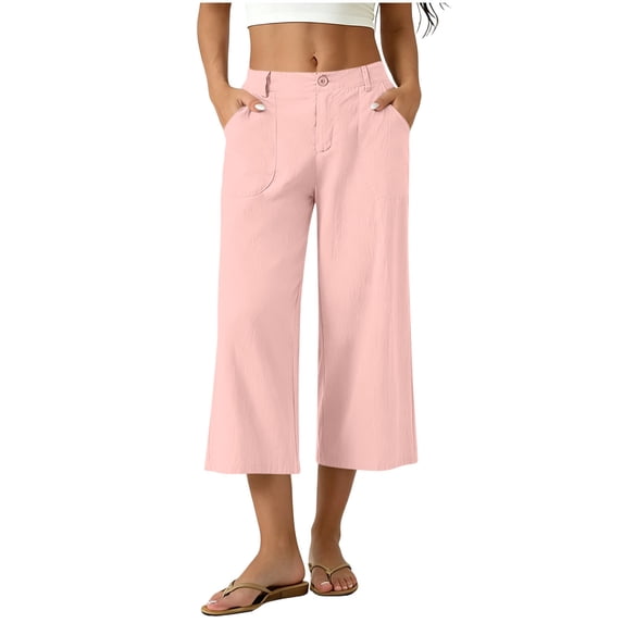 Sevevn Women's High Waist Linen-Look Wide Leg Cropped Pants Button & Zip Fly Casual Capri Trousers with Pockets Pink XL