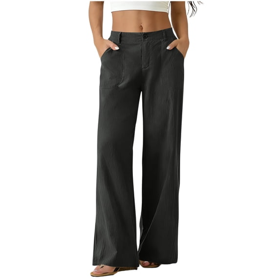 Sevevn Women's High Waist Linen-Look Wide Leg Pants Button & Zip Fly Casual Trousers with Pockets Dark Gray M