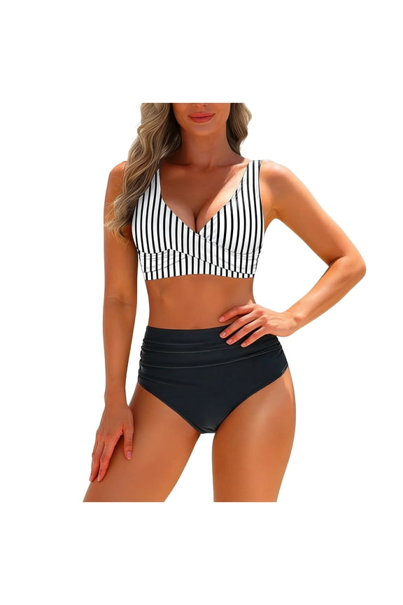 Women's High Waisted Bikini Set Striped Wrap Front Two Piece Swimsuit Black S