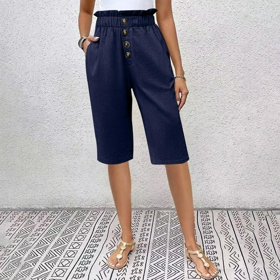 Sevevn Women’s High Waisted Elastic Waist Wide Half Shorts Pants Casual Button Decor Summer Fashion Mid Length Trousers With Pockets Pant knee length Gift for Adults Dark Blue M