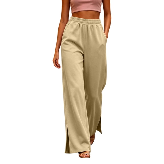 Sevevn Women’s High-Waisted Split Hem Baggy Wide Leg Sweatpants Elastic Drawstring Pants with Side Pockets