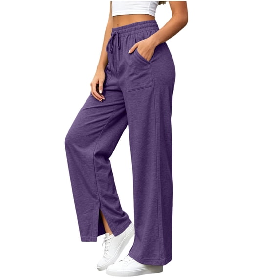 Sevevn Women’s High-Waisted Split Hem Wide Leg Lounge Pants Lightweight Elastic Drawstring Casual Trousers with Side Pockets
