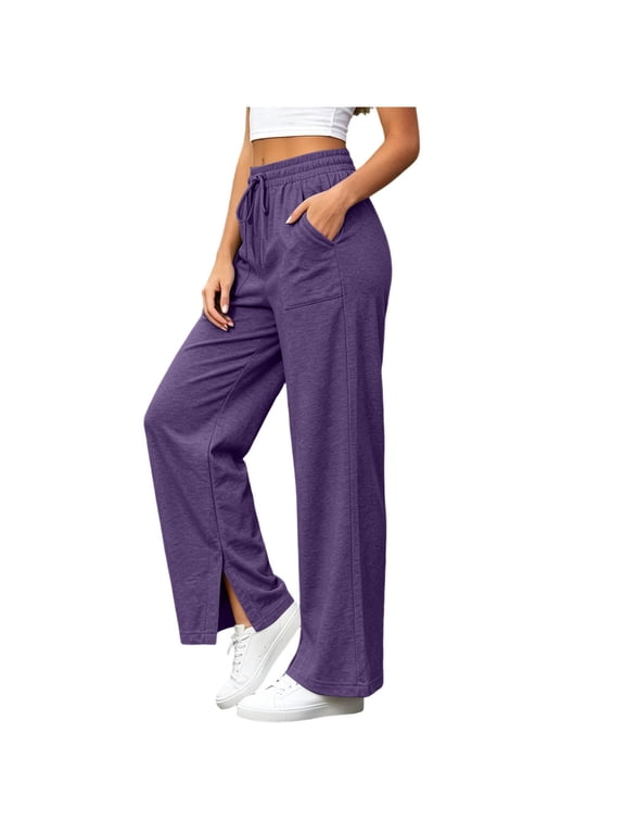 Women’s High-Waisted Split Hem Wide Leg Lounge Pants Lightweight Elastic Drawstring Casual Trousers with Side Pockets