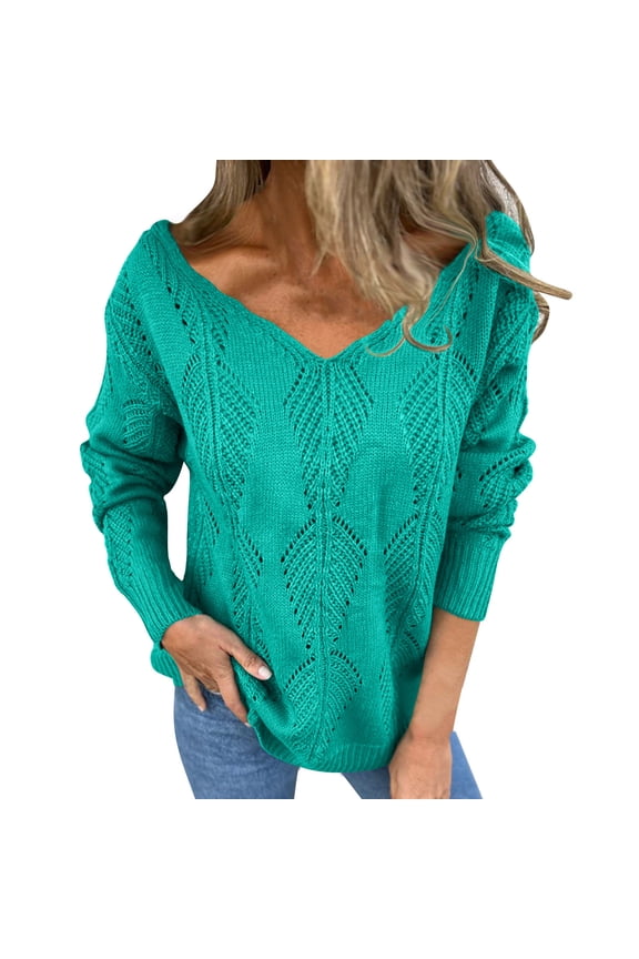 Women's Hollow Pullover V-Neck Solid Color Reversible Long Sleeved Sweater