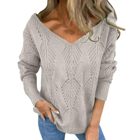 Sevevn Women's Hollow Pullover V-Neck Solid Color Reversible Long Sleeved Sweater