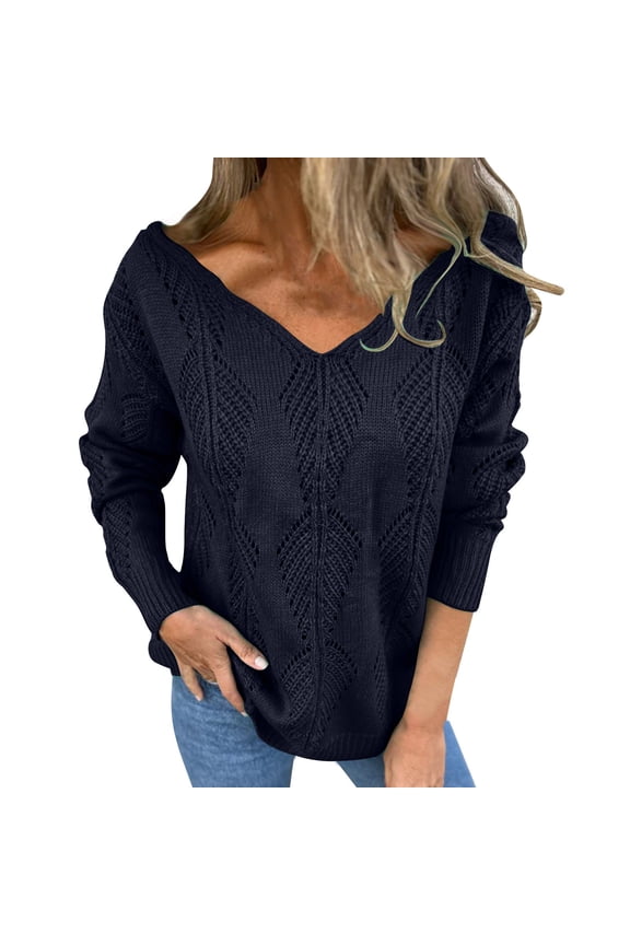 Women's Hollow Pullover V-Neck Solid Color Reversible Long Sleeved Sweater