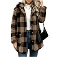 thumbnail image 1 of Sevevn Women's Hooded Plaid Fleece Coat Button‑Front Plaid Sherpa Jacket with Patch Pockets Winter Outerwear Brown L, 1 of 7