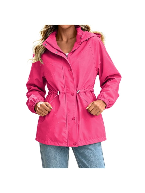 Women's Hooded Rain Jacket Waterproof Windbreaker Drawstring Waist Cinch Short Outdoor Coat With Pockets Casual Outerwear Hot Pink M