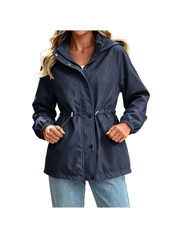 Women's Hooded Rain Jacket Waterproof Windbreaker Drawstring Waist Cinch Short Outdoor Coat With Pockets Casual Outerwear Navy XL