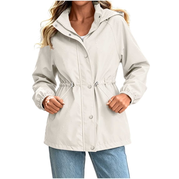 Sevevn Women's Hooded Rain Jacket Waterproof Windbreaker Drawstring Waist Cinch Short Outdoor Coat With Pockets Casual Outerwear White L