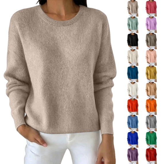 Sevevn Women's Knit Sweater Long Sleeve Crewneck Pullover Soft Lightweight Casual Loose Fit Ribbed Cuff Classic Knit Top for Daily Wear Work Office Travel Vacation Fall Winter Khaki L